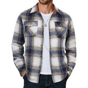 Coofandy Men Blue Yellow Flannel Plaid Button Down Jacket Shirt with Pockets